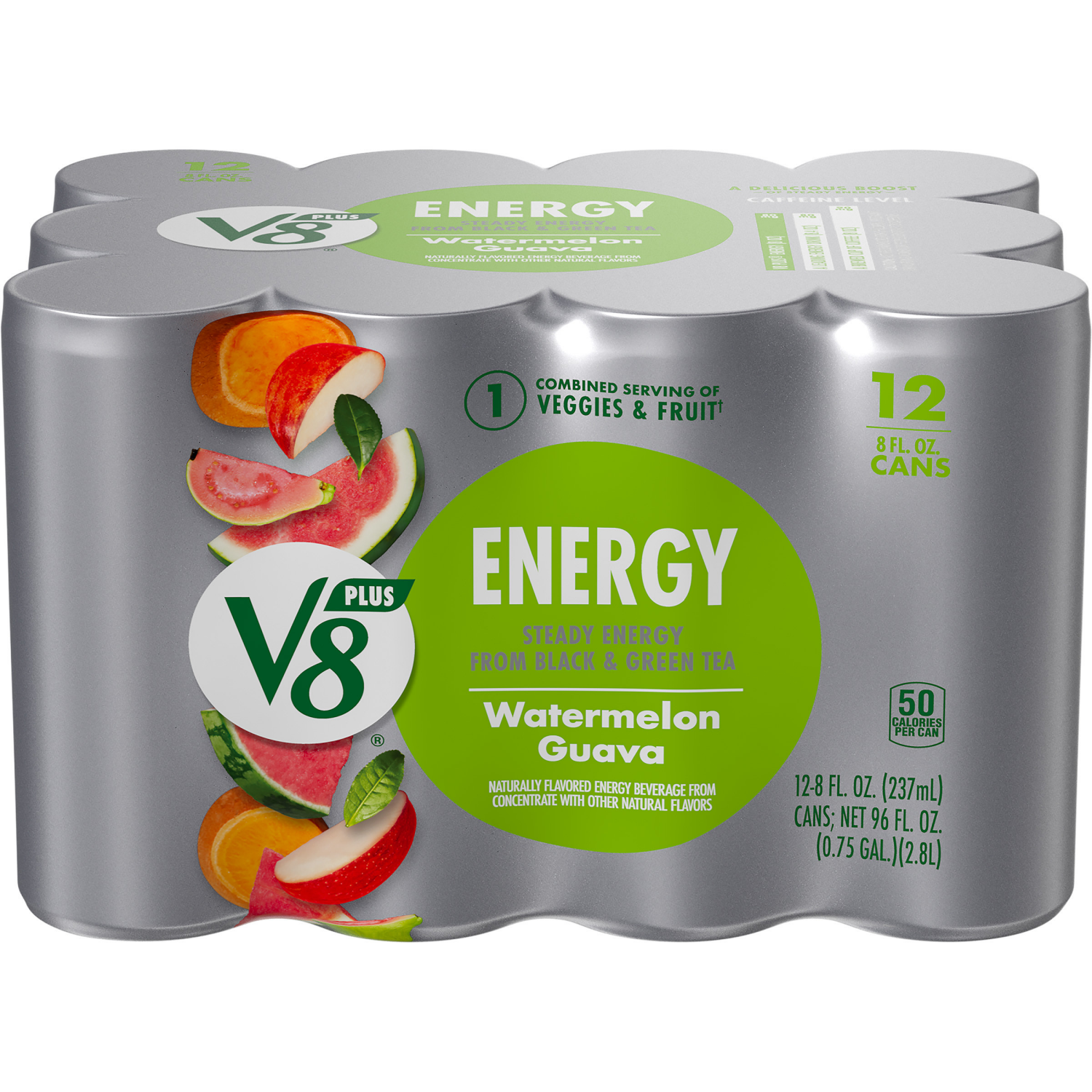 slide 1 of 5, V8 Energy Watermelon Guava Energy Drink, 8 fl oz Can (12 Pack), 96.000 fl oz