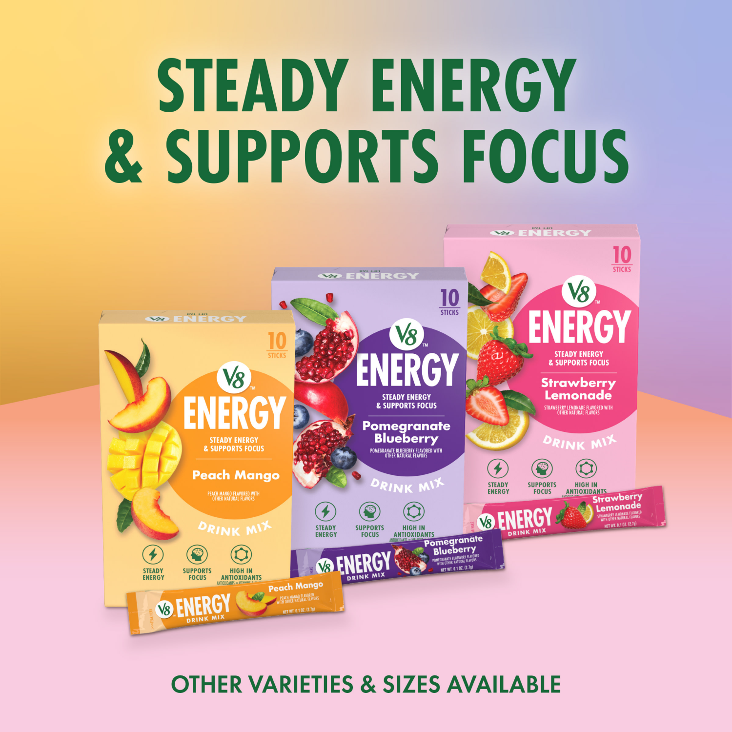 slide 3 of 8, V8 Energy Strawberry Lemonade Energy Drink Mix Powder, .10 oz Packet (10 Count), 1 oz