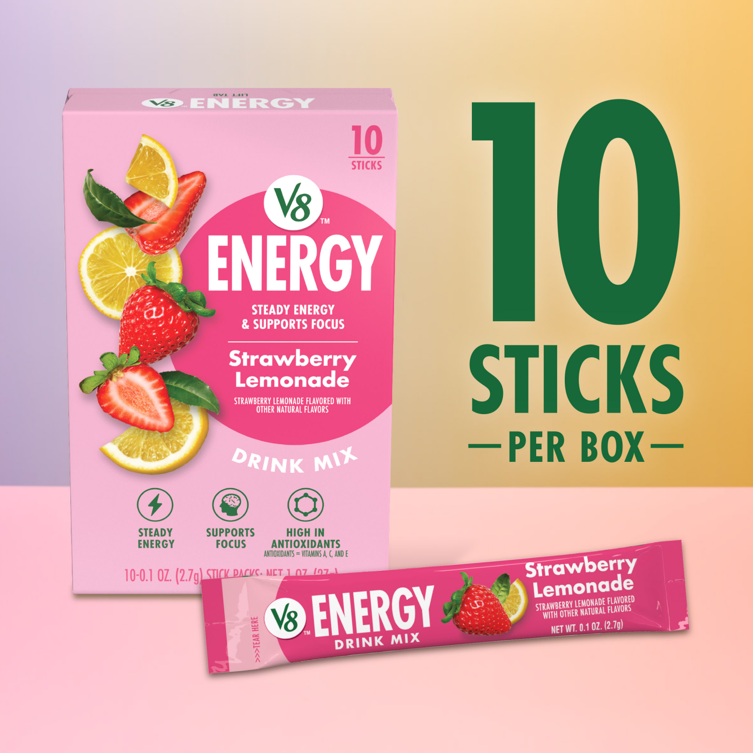 slide 4 of 8, V8 Energy Strawberry Lemonade Energy Drink Mix Powder, .10 oz Packet (10 Count), 1 oz