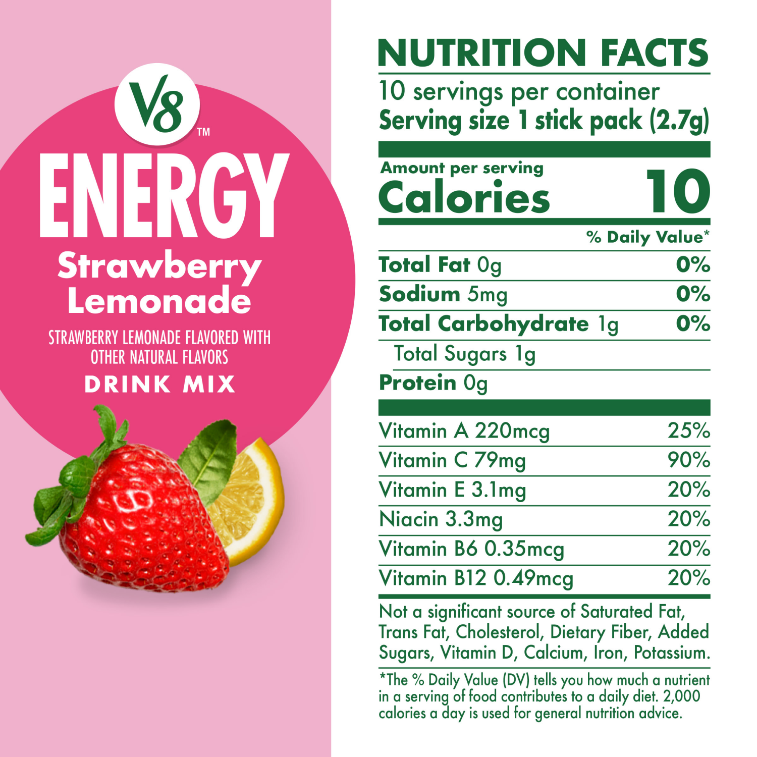 slide 6 of 8, V8 Energy Strawberry Lemonade Energy Drink Mix Powder, .10 oz Packet (10 Count), 1 oz