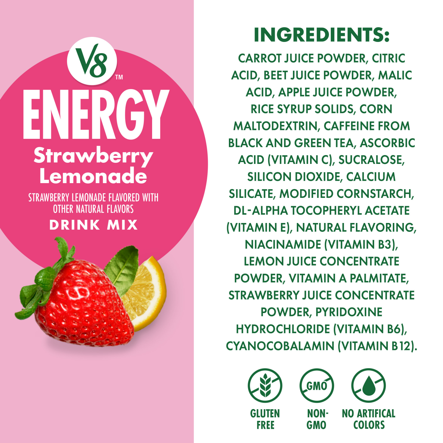 slide 7 of 8, V8 Energy Strawberry Lemonade Energy Drink Mix Powder, .10 oz Packet (10 Count), 1 oz