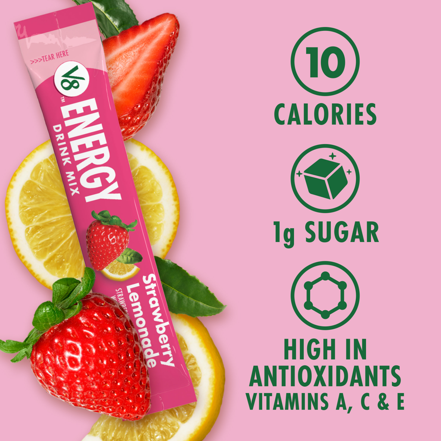 slide 8 of 8, V8 Energy Strawberry Lemonade Energy Drink Mix Powder, .10 oz Packet (10 Count), 1 oz