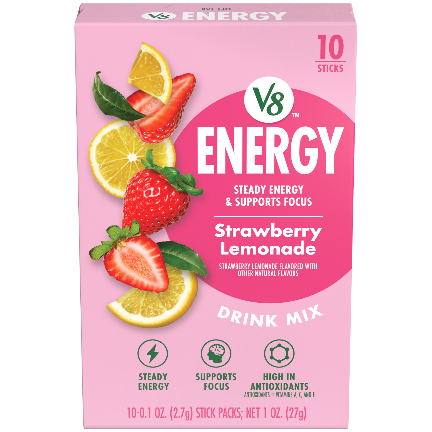 slide 1 of 8, V8 Energy Strawberry Lemonade Energy Drink Mix Powder, .10 oz Packet (10 Count), 1 oz