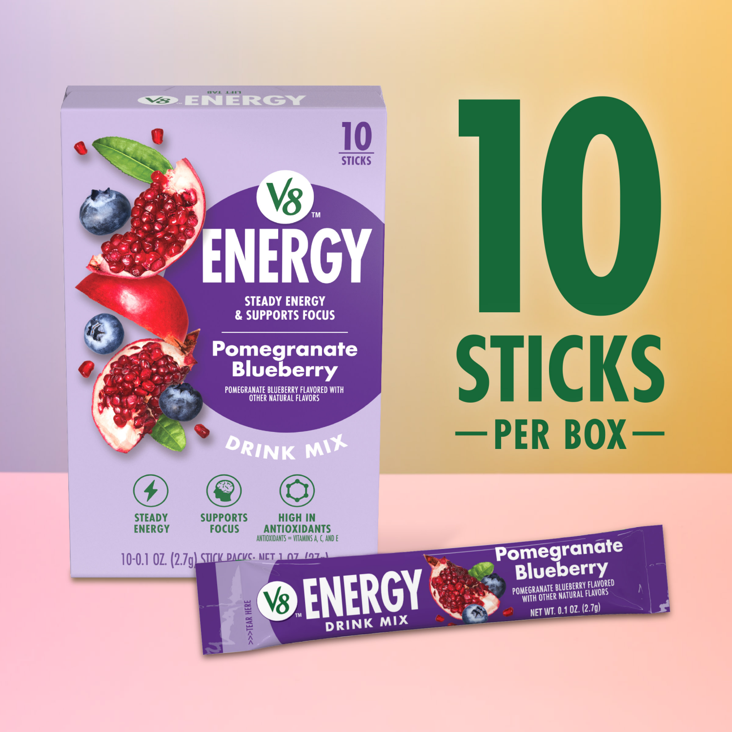slide 4 of 8, V8 Energy Pomegranate Blueberry Energy Drink Mix Powder, .10 oz Packet (10 Count), 1.000 oz