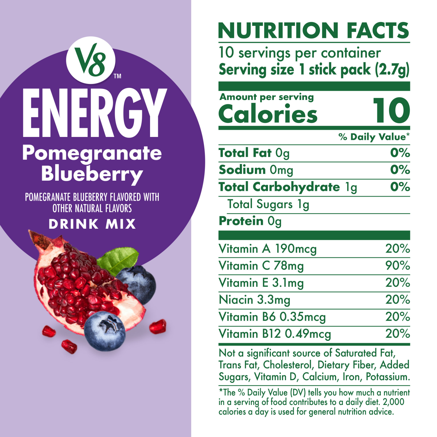 slide 6 of 8, V8 Energy Pomegranate Blueberry Energy Drink Mix Powder, .10 oz Packet (10 Count), 1.000 oz