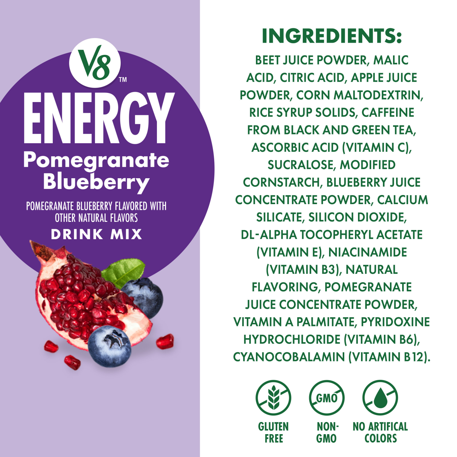 slide 7 of 8, V8 Energy Pomegranate Blueberry Energy Drink Mix Powder, .10 oz Packet (10 Count), 1.000 oz