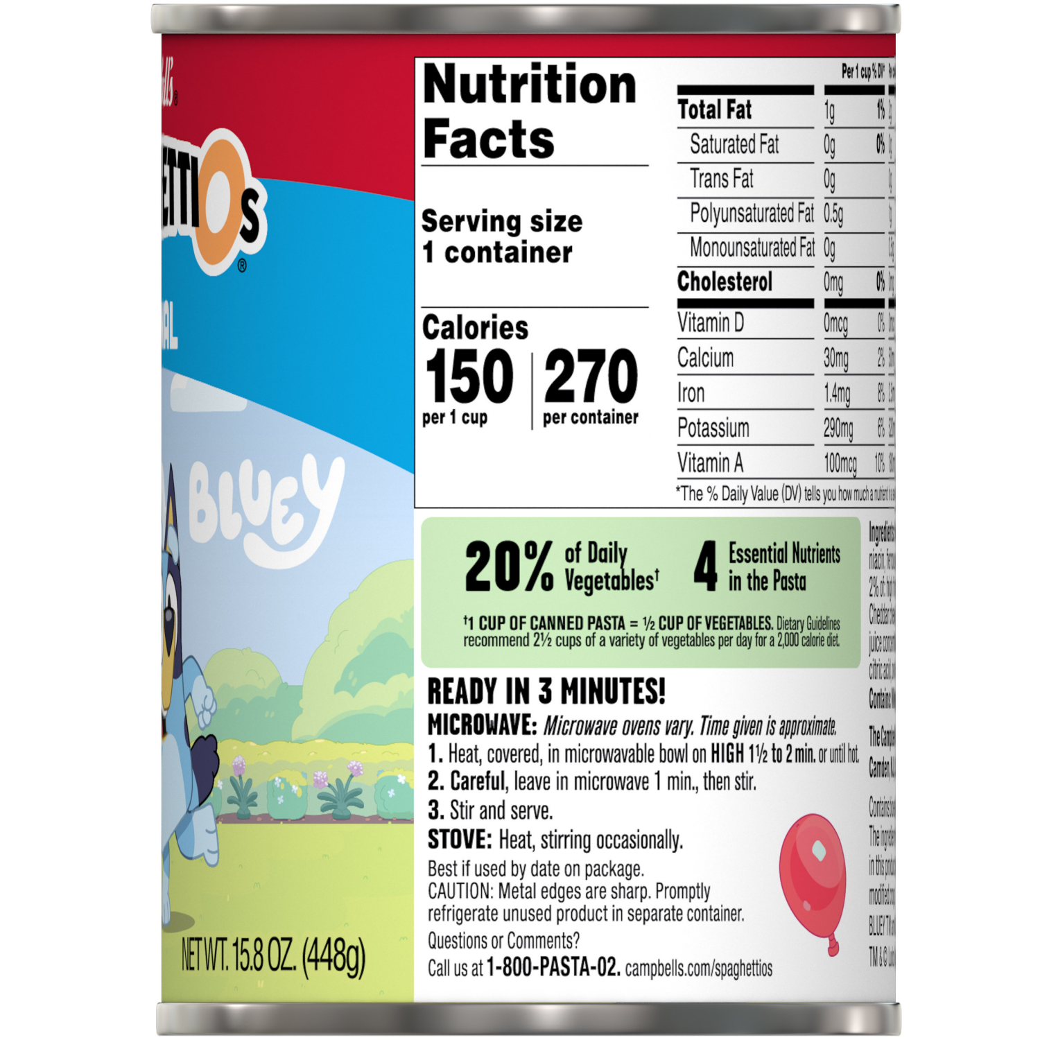 slide 4 of 4, Campbell's SpaghettiOs Original Bluey Shapes Canned Pasta, 15.8 oz Can, 15.800 oz