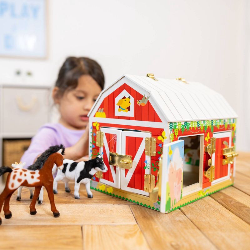 slide 2 of 9, Melissa & Doug Latches Wooden Activity Barn with 5 Doors, 4 Play Figure Farm Animals, 1 ct