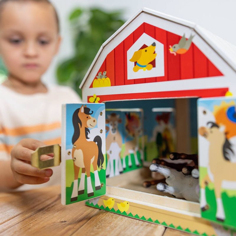 slide 7 of 9, Melissa & Doug Latches Wooden Activity Barn with 5 Doors, 4 Play Figure Farm Animals, 1 ct