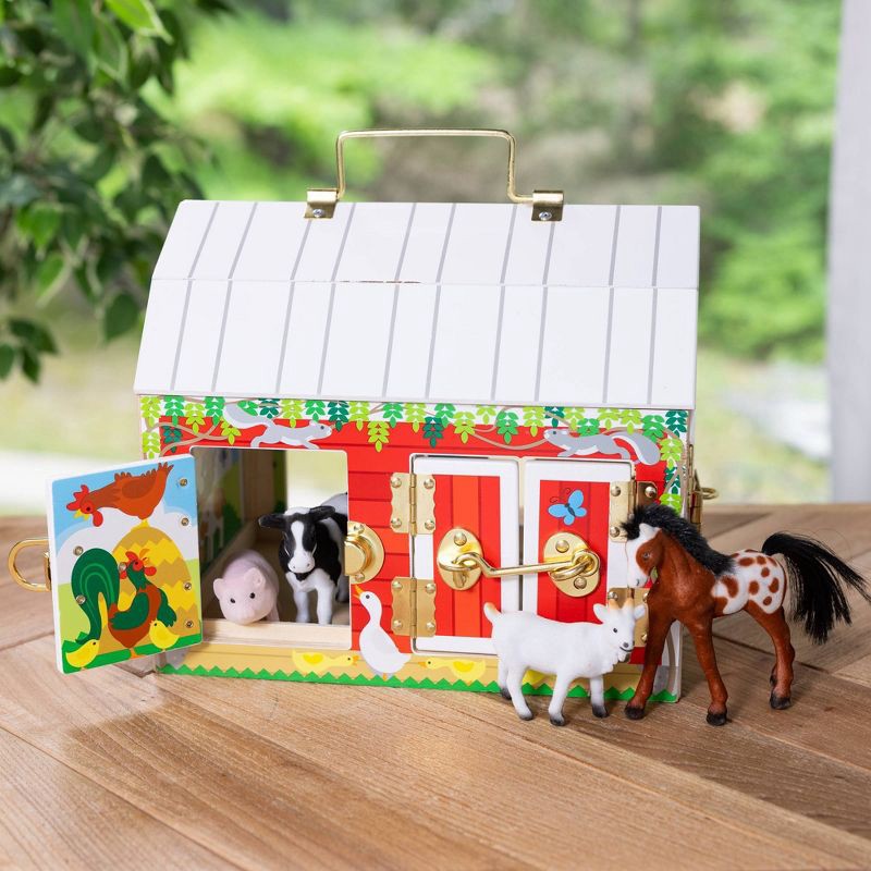 slide 9 of 9, Melissa & Doug Latches Wooden Activity Barn with 5 Doors, 4 Play Figure Farm Animals, 1 ct