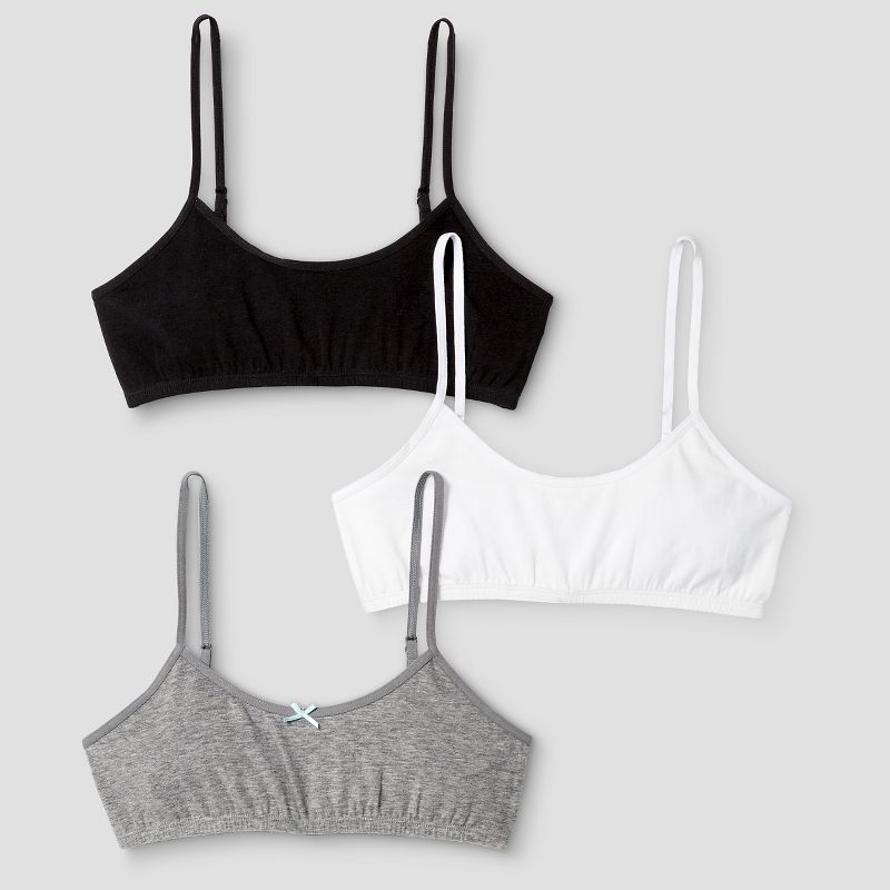 slide 1 of 1, Girls' 3pk Cotton Cami Bra - Cat & Jack™ Gray/White/Black S: Adjustable Strap, Unpadded, Wireless, 3 ct