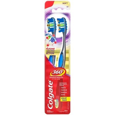 slide 1 of 5, Colgate 360 Advanced 4 Zone Soft Toothbrush, 2 ct