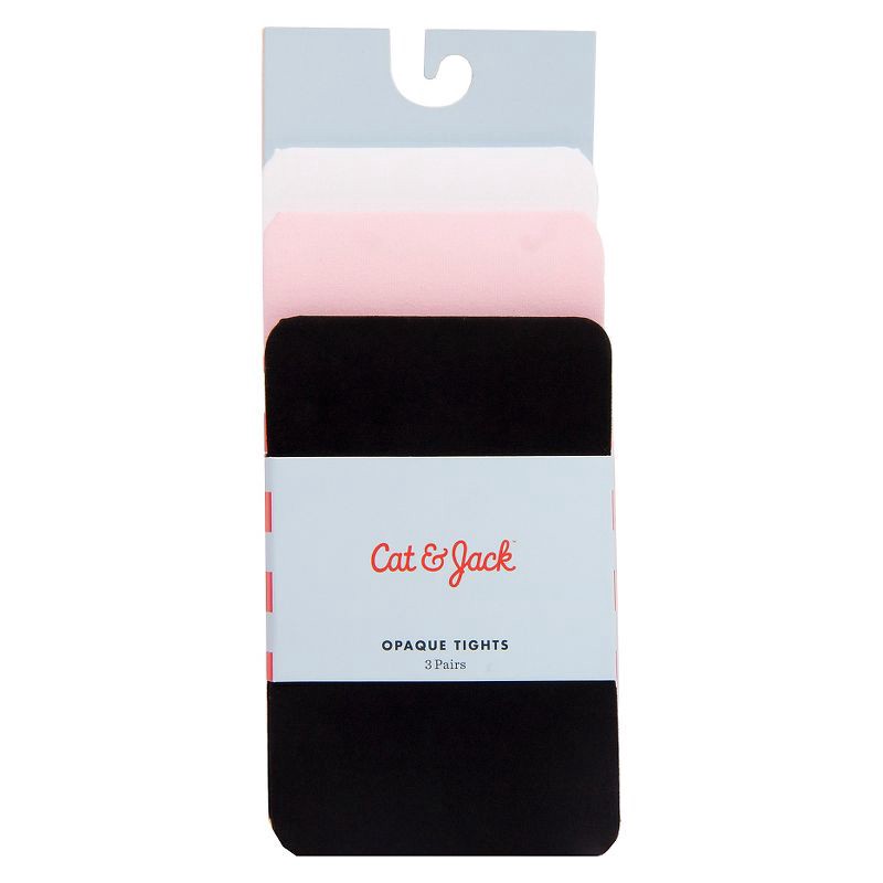 slide 2 of 2, Baby Girls' 3pk Solid Opaque Tights - Cat & Jack™ Black/White/Pink 6-12M: High Waisted Knit Hosiery, 3 ct