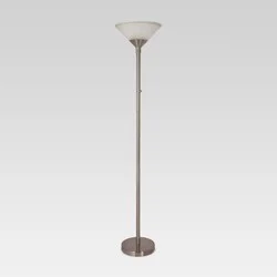 Torchiere Floor Lamp Silver with Glass Shade (Includes LED Light Bulb) - Threshold™: Brushed Metal, ETL Listed, Turn Knob Switch