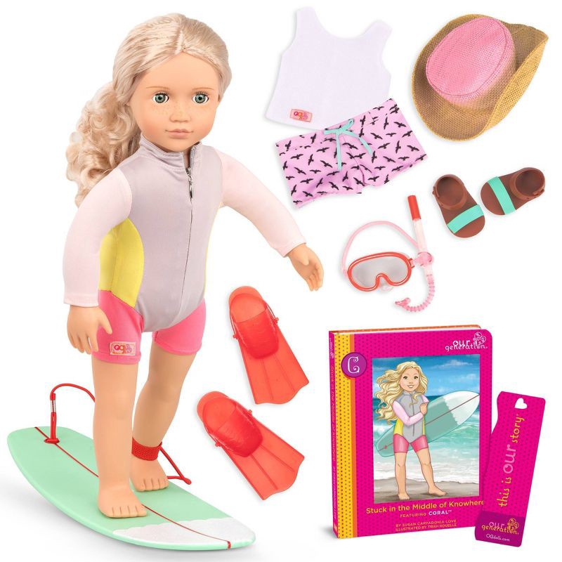 slide 1 of 1, Our Generation Coral with Storybook & Accessories 18" Posable Surfer Doll, 1 ct