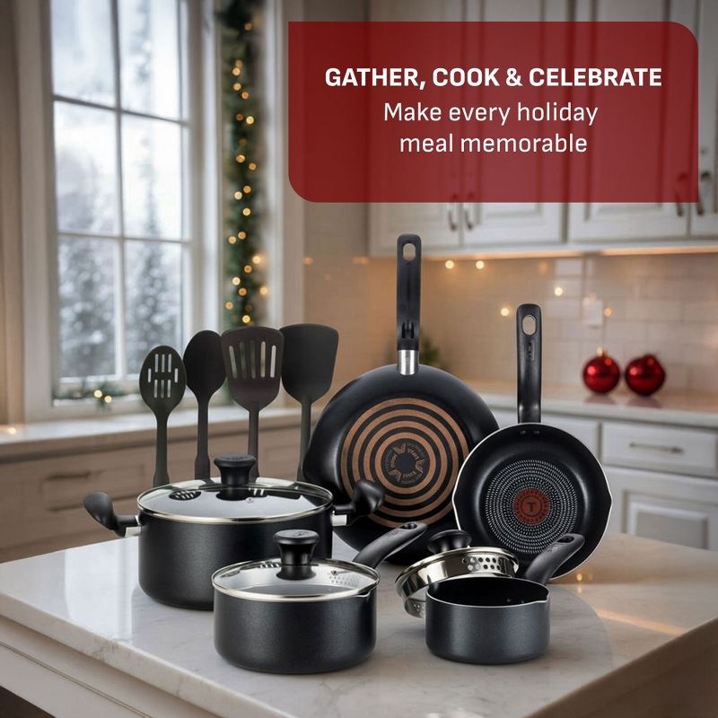 slide 3 of 11, T-fal 12pc Simply Cook Nonstick Cookware Set Charcoal Black: Kitchen Pan & Pot Set, Tempered Glass Lids, Dishwasher-Safe, 12 ct
