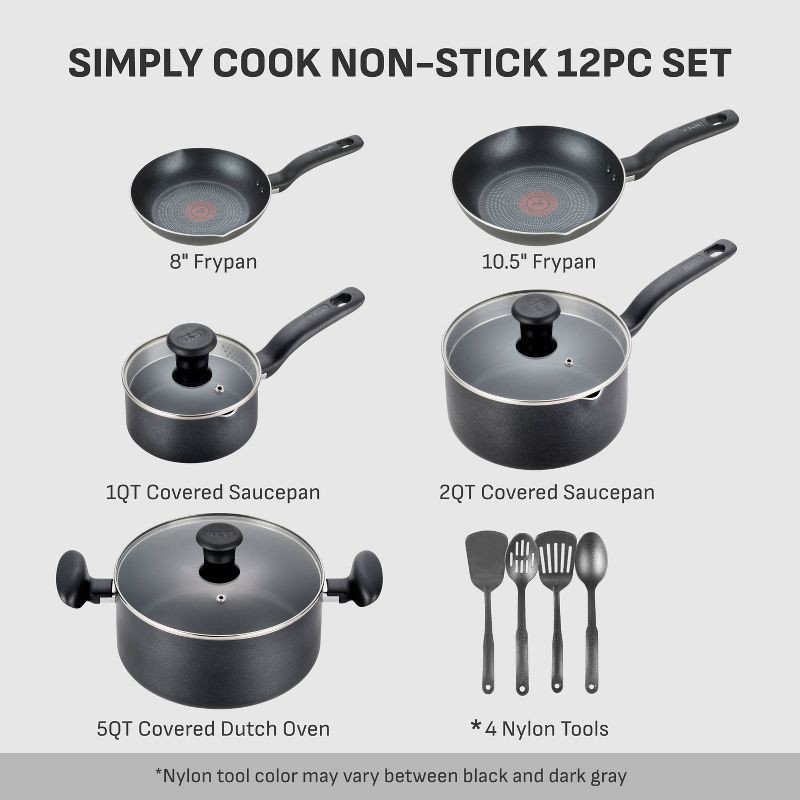 slide 2 of 11, T-fal 12pc Simply Cook Nonstick Cookware Set Charcoal Black: Kitchen Pan & Pot Set, Tempered Glass Lids, Dishwasher-Safe, 12 ct