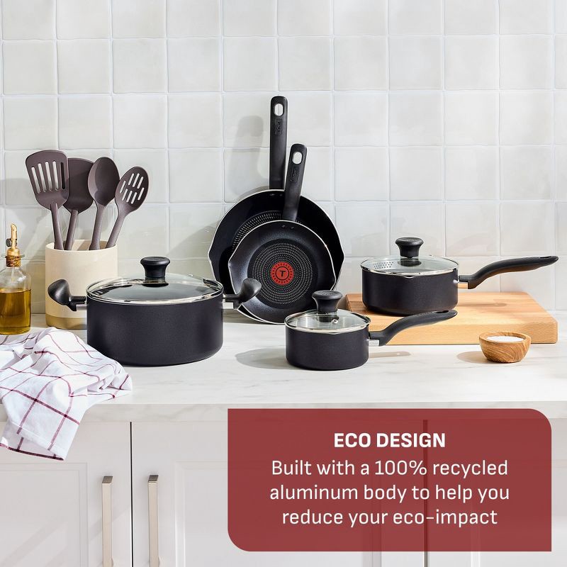 slide 3 of 11, T-fal 12pc Simply Cook Nonstick Cookware Set Charcoal Black: Kitchen Pan & Pot Set, Tempered Glass Lids, Dishwasher-Safe, 12 ct