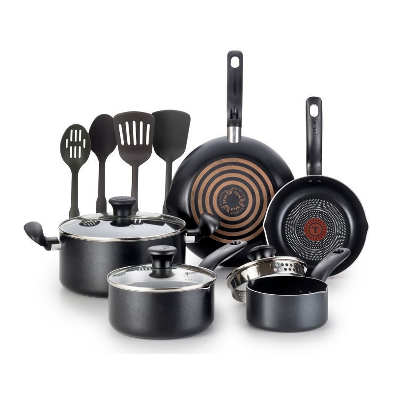 slide 1 of 11, T-fal 12pc Simply Cook Nonstick Cookware Set Charcoal Black: Kitchen Pan & Pot Set, Tempered Glass Lids, Dishwasher-Safe, 12 ct