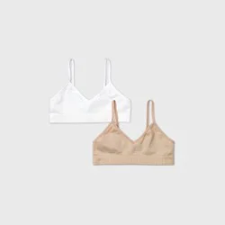 Girls' 2pk Seamless Bra - Cat & Jack™ White/Tan L: Wireless Bralette, Adjustable Straps, Pullover Style