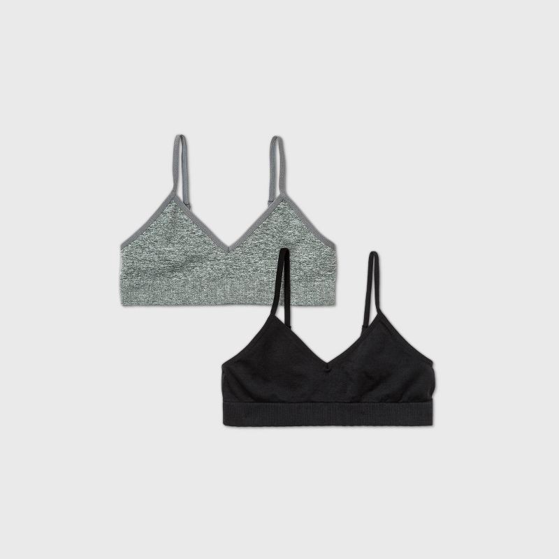 slide 1 of 1, Girls' 2pk Seamless Bra - Cat & Jack™ Gray/Black XL: Wireless Bralettes, Adjustable Straps, Pullover Style, 2 ct