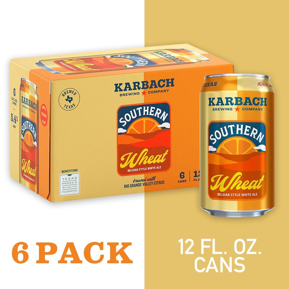 slide 6 of 7, Karbach Brewing Company Southern Wheat Beer is a refreshing wheat beer. This craft beer has a pillowy mouthfeel and a smooth citrus flavor. It has a 5.4% ABV and a 10 IBU rating. 6 pack., 6 ct