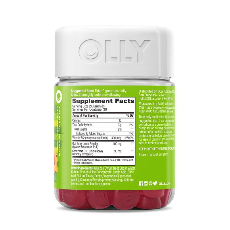 slide 4 of 14, OLLY Daily Energy Caffeine-Free Gummies with Vitamin B12, CoQ10 & Goji Berry - Tropical Passion - 60ct, 60 ct