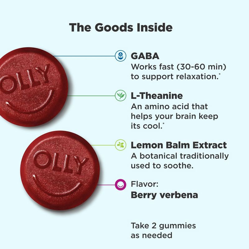 slide 3 of 8, OLLY Goodbye Stress Gummies with GABA, L-Theanine & Lemon Balm - Berry Verbena - 42ct, 42 ct