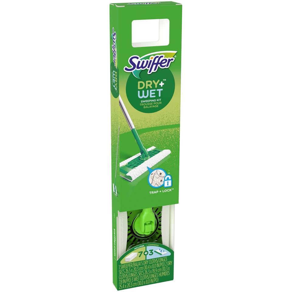slide 2 of 2, Swiffer Sweeper 2-in-1 Dry + Wet Floor Mopping and Sweeping Kit 1 Sweeper, 7 Dry Cloths, 3 Wet Cloths, 1 ct