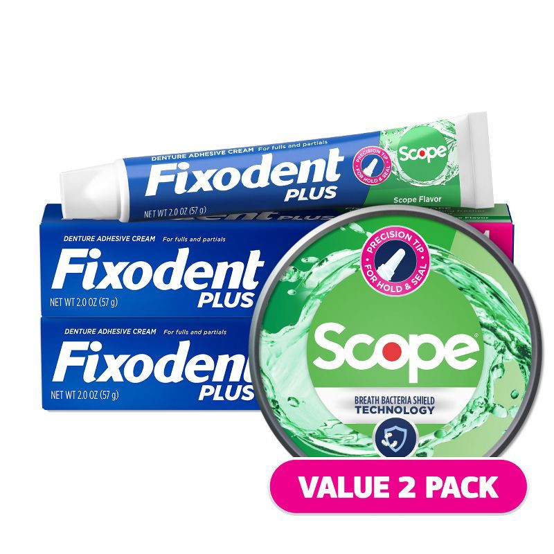 slide 2 of 9, Fixodent Plus Scope Precision Hold & Seal Denture Adhesive - 2.0oz/2pk, 2.0 oz, 2 ct