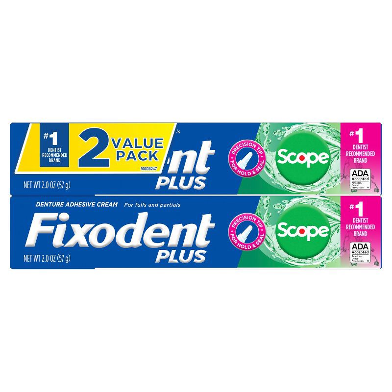 slide 1 of 9, Fixodent Plus Scope Precision Hold & Seal Denture Adhesive - 2.0oz/2pk, 2.0 oz, 2 ct