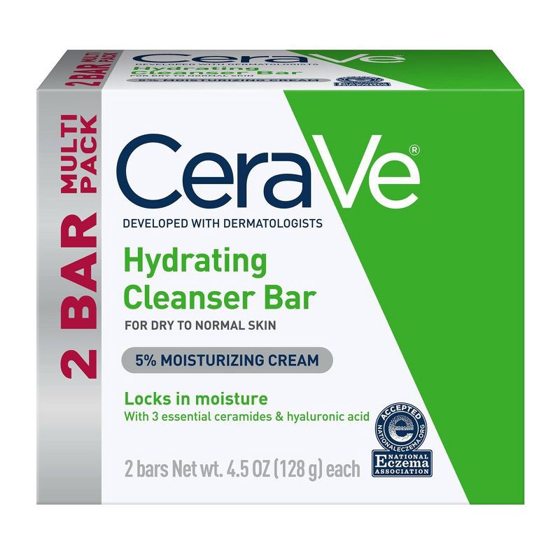 slide 1 of 1, CeraVe Hydrating Body and Facial Cleanser Unscented Bar Soap - 4.5oz/2pk, 4.5 oz, 2 ct