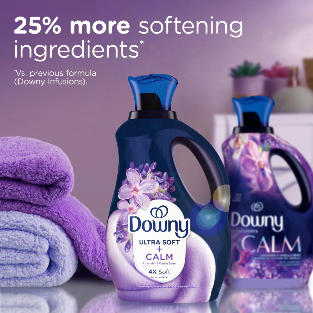 slide 3 of 6, Downy Ultra Soft Fabric Softener Liquid, Calm, Lavender and Vanilla Bean, 64 fl oz, 96 Loads, 64 fl oz