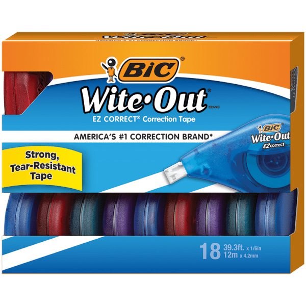slide 1 of 10, BIC Wite-Out EZ Correction Tape, 478-13/16"", White, Pack Of 18 Dispensers, 18 ct