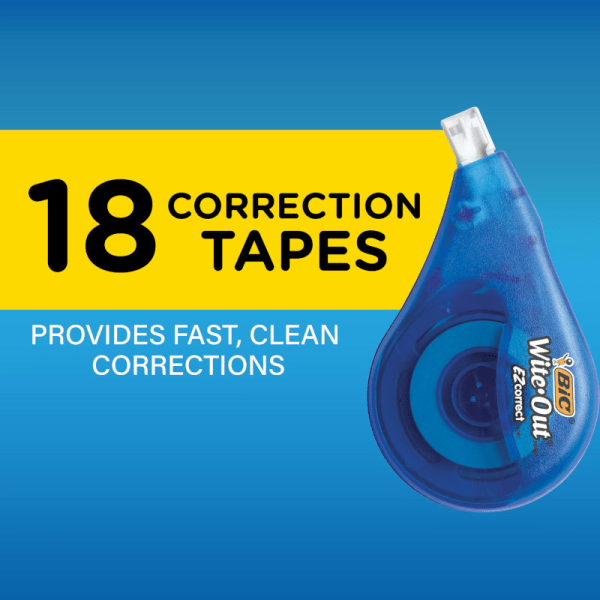 slide 10 of 10, BIC Wite-Out EZ Correction Tape, 478-13/16"", White, Pack Of 18 Dispensers, 18 ct