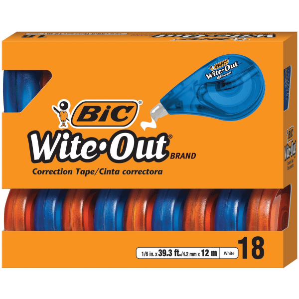 slide 8 of 10, BIC Wite-Out EZ Correction Tape, 478-13/16"", White, Pack Of 18 Dispensers, 18 ct