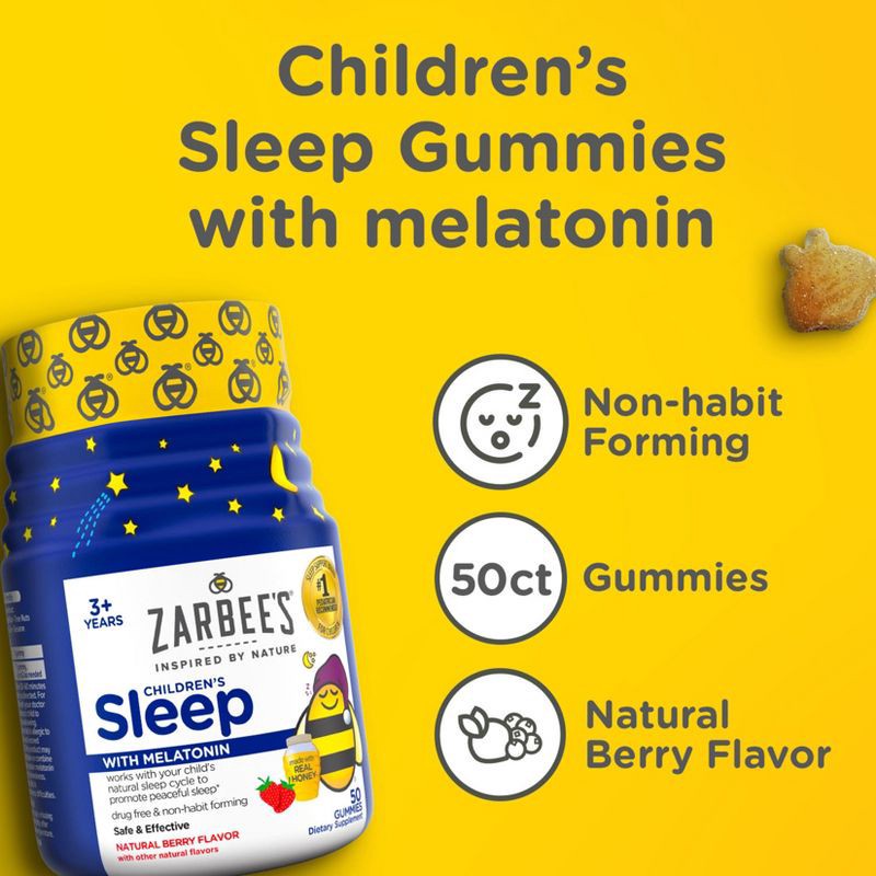 slide 3 of 9, Zarbee's Kid's Sleep Gummies with Melatonin, Drug-Free, Non-Habit Forming - Natural Berry - 50ct, 50 ct