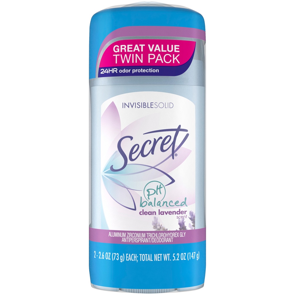 slide 1 of 5, Secret pH Balanced Clean Lavender Invisible Solid Antiperspirant & Deodorant Twin Pack, 2 ct; 2.6 oz