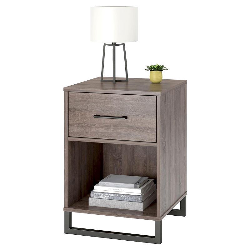 slide 3 of 7, Mixed Material Nightstand Gray - Room Essentials™: Laminated Metal Frame, Storage Shelf, 1 Drawer, 1 ct