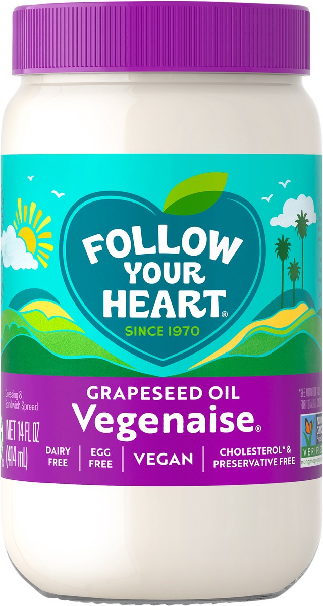 slide 4 of 7, Follow Your Heart Vegenaise Dressing and Sandwich Spread, Grapeseed Oil, Dairy Free, Egg Free Mayo, Sandwich Spread for a Creamy, Tasty Vegan Condiment, 14 FL OZ Jar, 1 ct