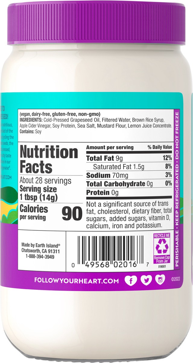 slide 2 of 7, Follow Your Heart Vegenaise Dressing and Sandwich Spread, Grapeseed Oil, Dairy Free, Egg Free Mayo, Sandwich Spread for a Creamy, Tasty Vegan Condiment, 14 FL OZ Jar, 1 ct
