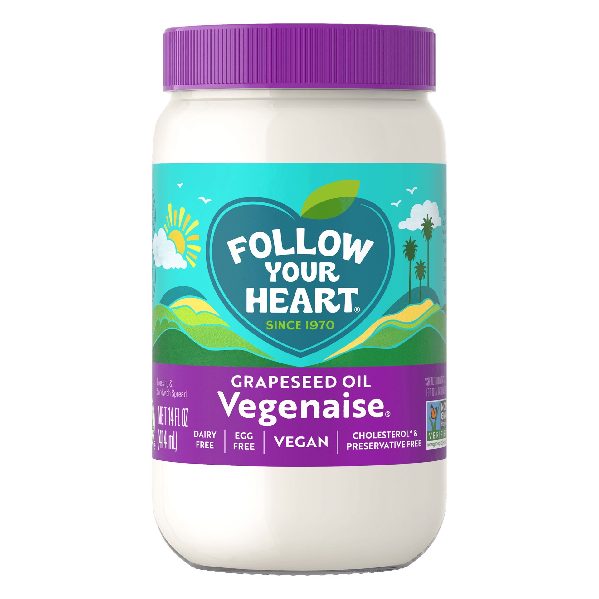 slide 1 of 7, Follow Your Heart Vegenaise Dressing and Sandwich Spread, Grapeseed Oil, Dairy Free, Egg Free Mayo, Sandwich Spread for a Creamy, Tasty Vegan Condiment, 14 FL OZ Jar, 1 ct