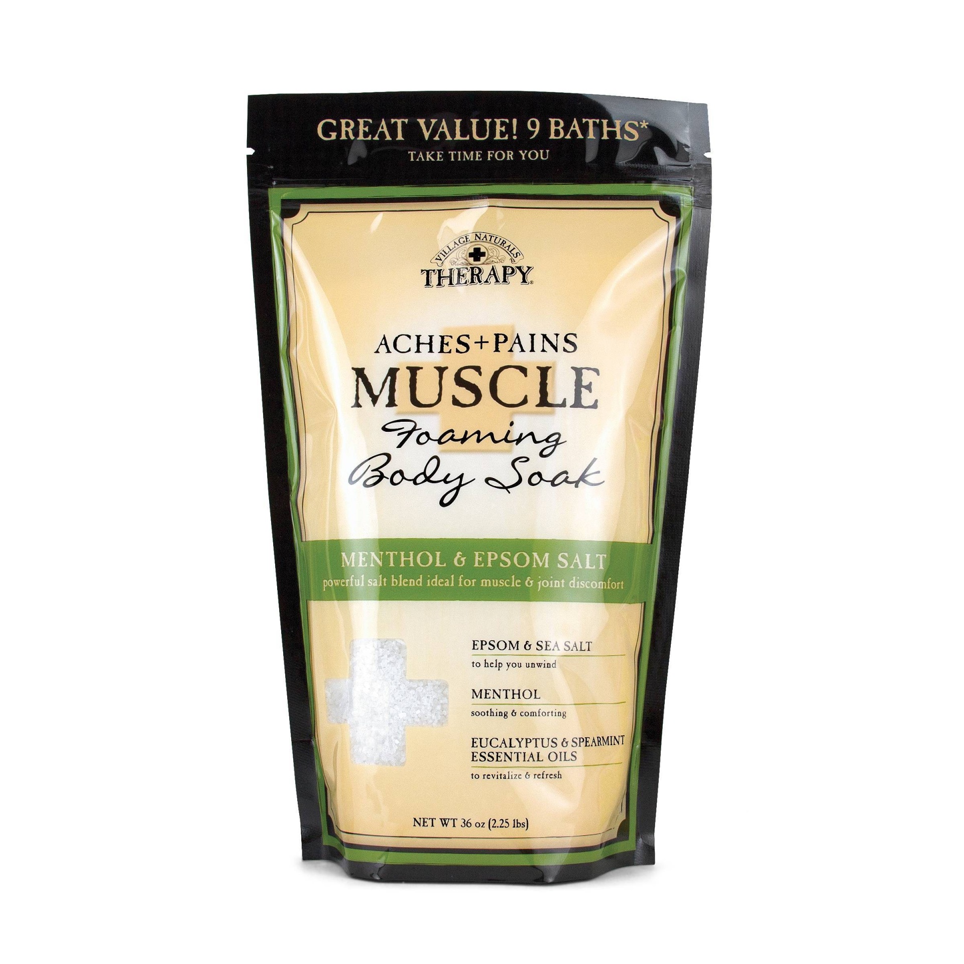 slide 1 of 1, Village Naturals Therapy Aches + Pains Muscle Relief Foaming Bath Soak, 36 oz