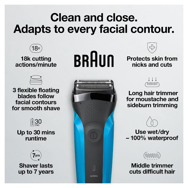 slide 3 of 10, BRAUN SERIES 3-310S MEN's RECHARGEABLE WET & DRY ELECTRIC FOIL SHAVER, 1 ct