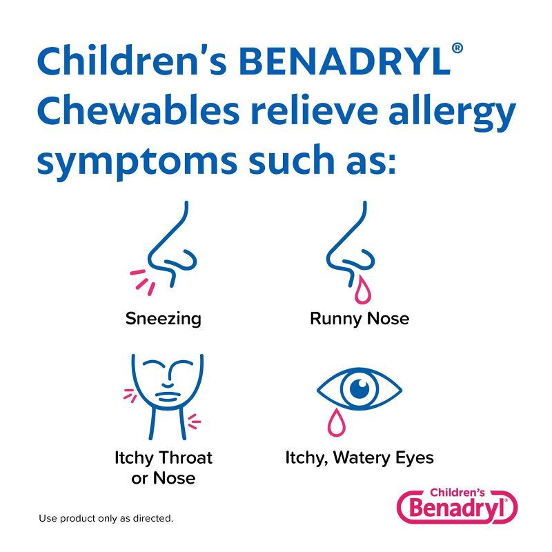 slide 3 of 8, Children's Benadryl Diphenhydramine Allergy Relief Chewable Tablets - Grape - 20ct, 20 ct