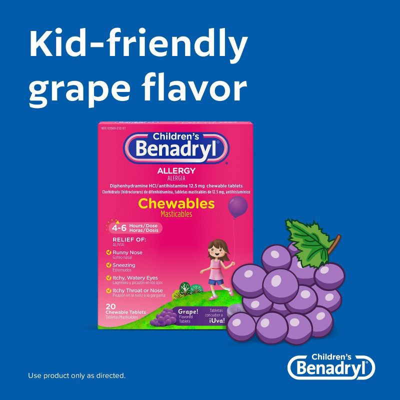 slide 4 of 8, Children's Benadryl Diphenhydramine Allergy Relief Chewable Tablets - Grape - 20ct, 20 ct