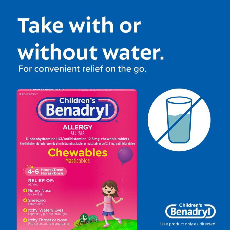 slide 5 of 8, Children's Benadryl Diphenhydramine Allergy Relief Chewable Tablets - Grape - 20ct, 20 ct