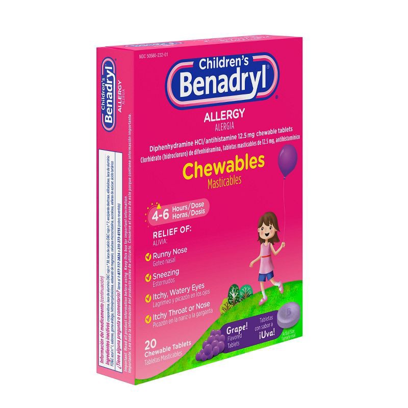 slide 7 of 8, Children's Benadryl Diphenhydramine Allergy Relief Chewable Tablets - Grape - 20ct, 20 ct