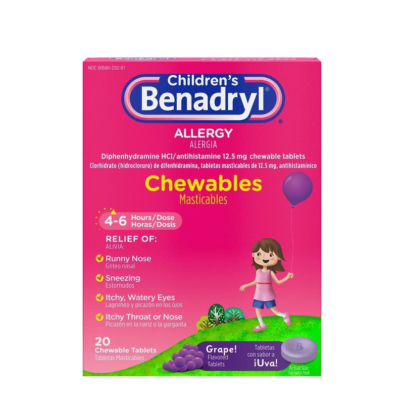 slide 1 of 8, Children's Benadryl Diphenhydramine Allergy Relief Chewable Tablets - Grape - 20ct, 20 ct