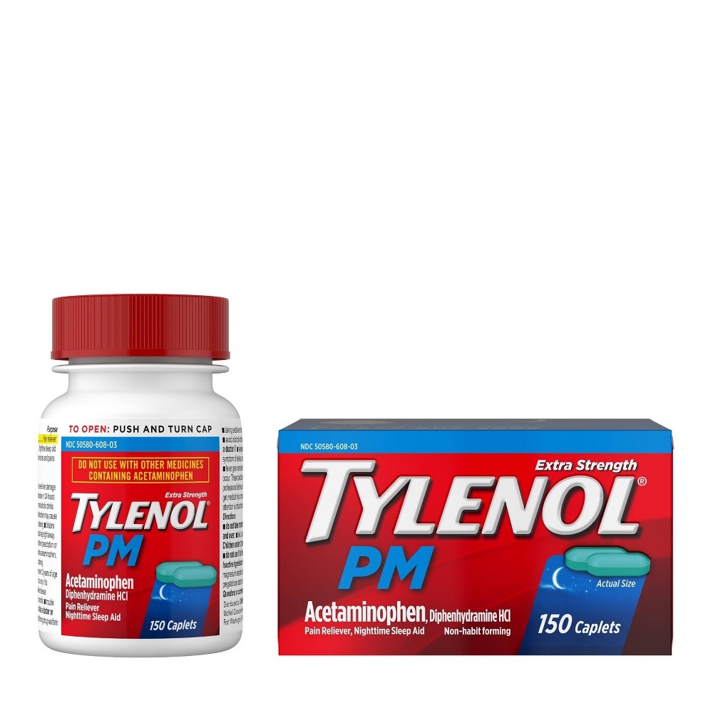slide 2 of 10, Tylenol PM Extra Strength Pain Reliever & Sleep Aid Caplets - Acetaminophen - 150ct, 150 ct